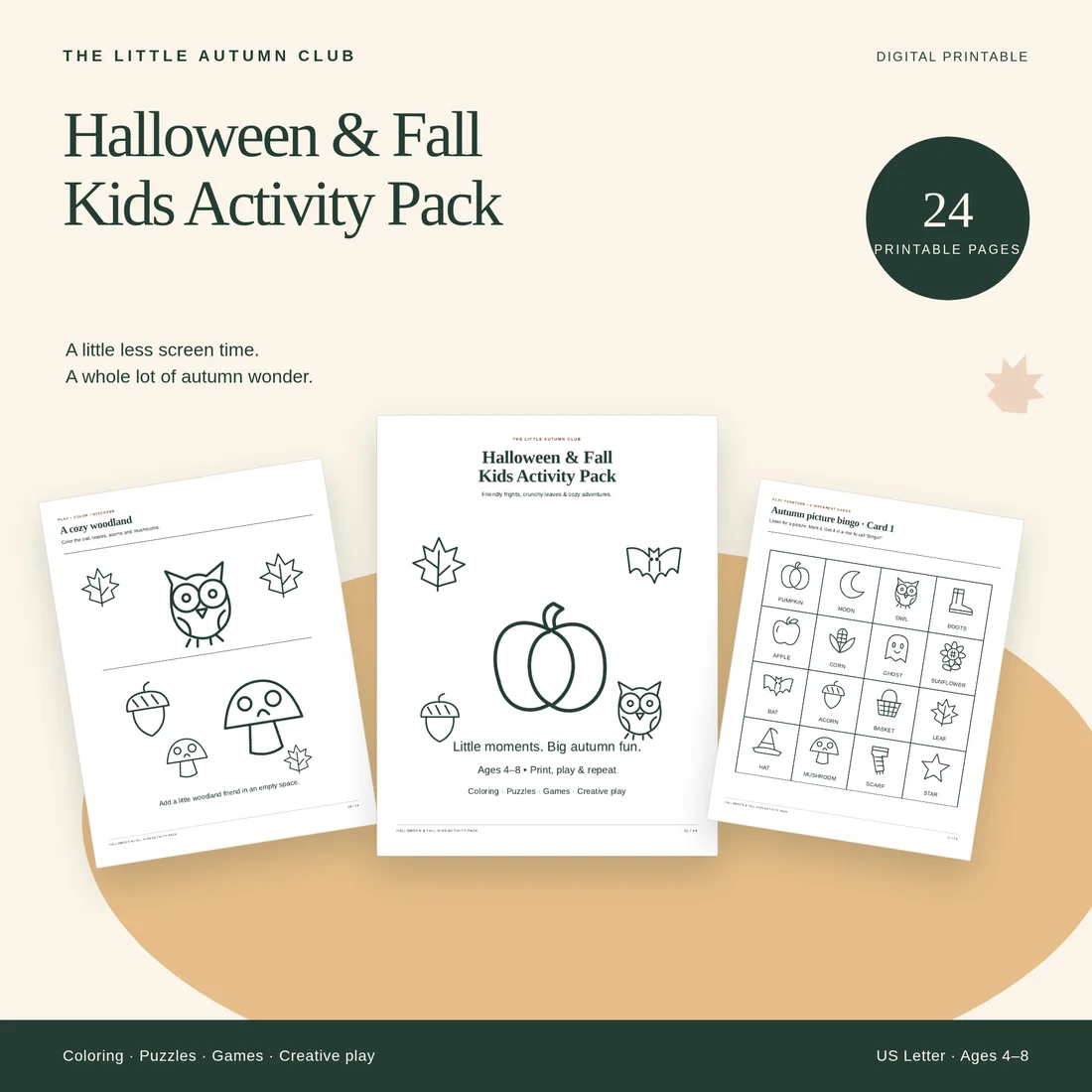 Halloween and Fall Kids Activity Pack with actual coloring and bingo page previews