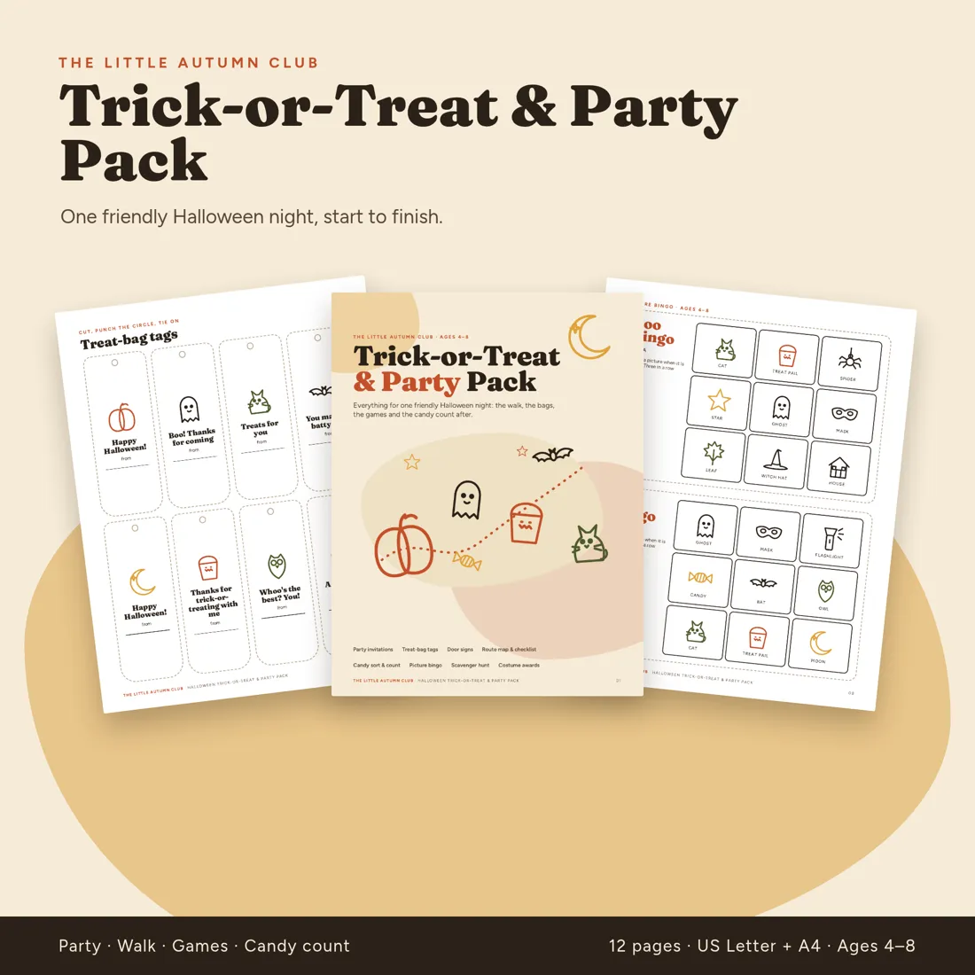 Trick-or-Treat and Party Pack cover with treat-bag tags, route map and picture bingo
